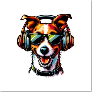 Smiling Russell Terrier DJ Enjoys Music in Japanese Style Posters and Art